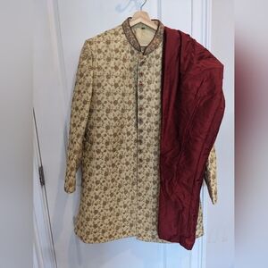 Elegant Cream and Red Embroidered Sherwani